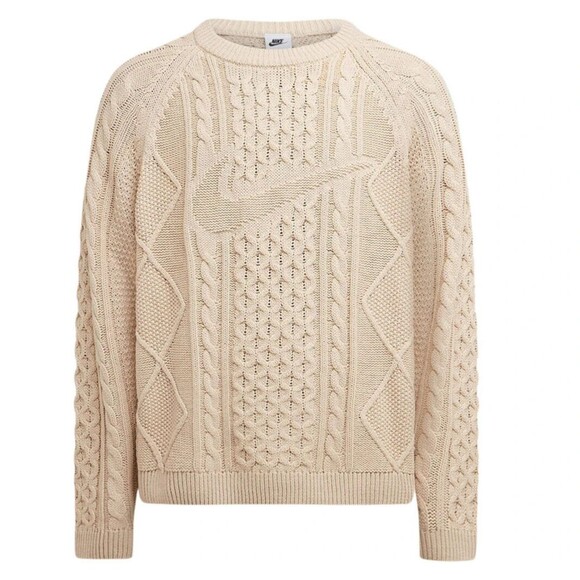 Nike Mens XL Life Cable Knit Sweater Tan Big Swoosh DQ5176 206 - Picture 1 of 9